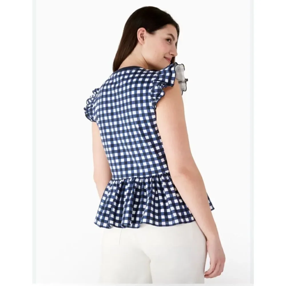 Kate Spade blue white gingham peplum blouse flutter sleeve M